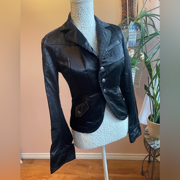 Y2k Shiny Black 'Diesel' Blazer Moto Jacket With Playing Card Embroidery - Picture 3 of 11